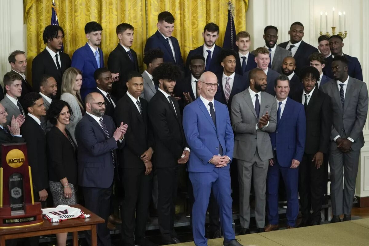 May 26, 2023; Washington, DC, USA; President Joe Biden welcomed the University of Connecticut Huskies men’s basketball team and UConn's men's basketball head coach Dan Hurley, center, to the White House to celebrate their 2022-2023 NCAA Championship season. Mandatory Credit: Jack Gruber-USA TODAY