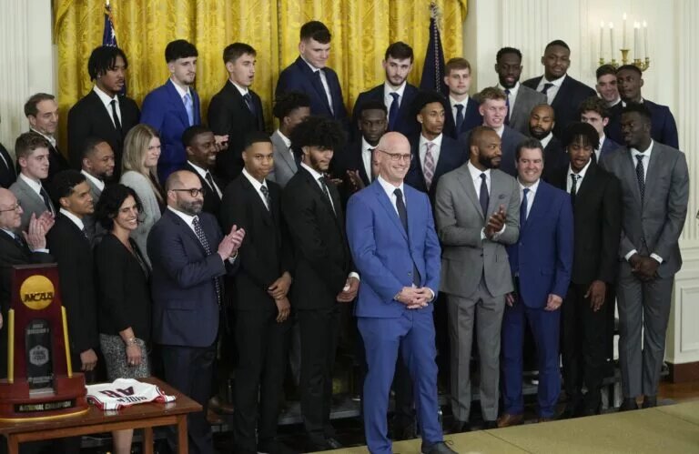 May 26, 2023; Washington, DC, USA; President Joe Biden welcomed the University of Connecticut Huskies men’s basketball team and UConn's men's basketball head coach Dan Hurley, center, to the White House to celebrate their 2022-2023 NCAA Championship season. Mandatory Credit: Jack Gruber-USA TODAY
