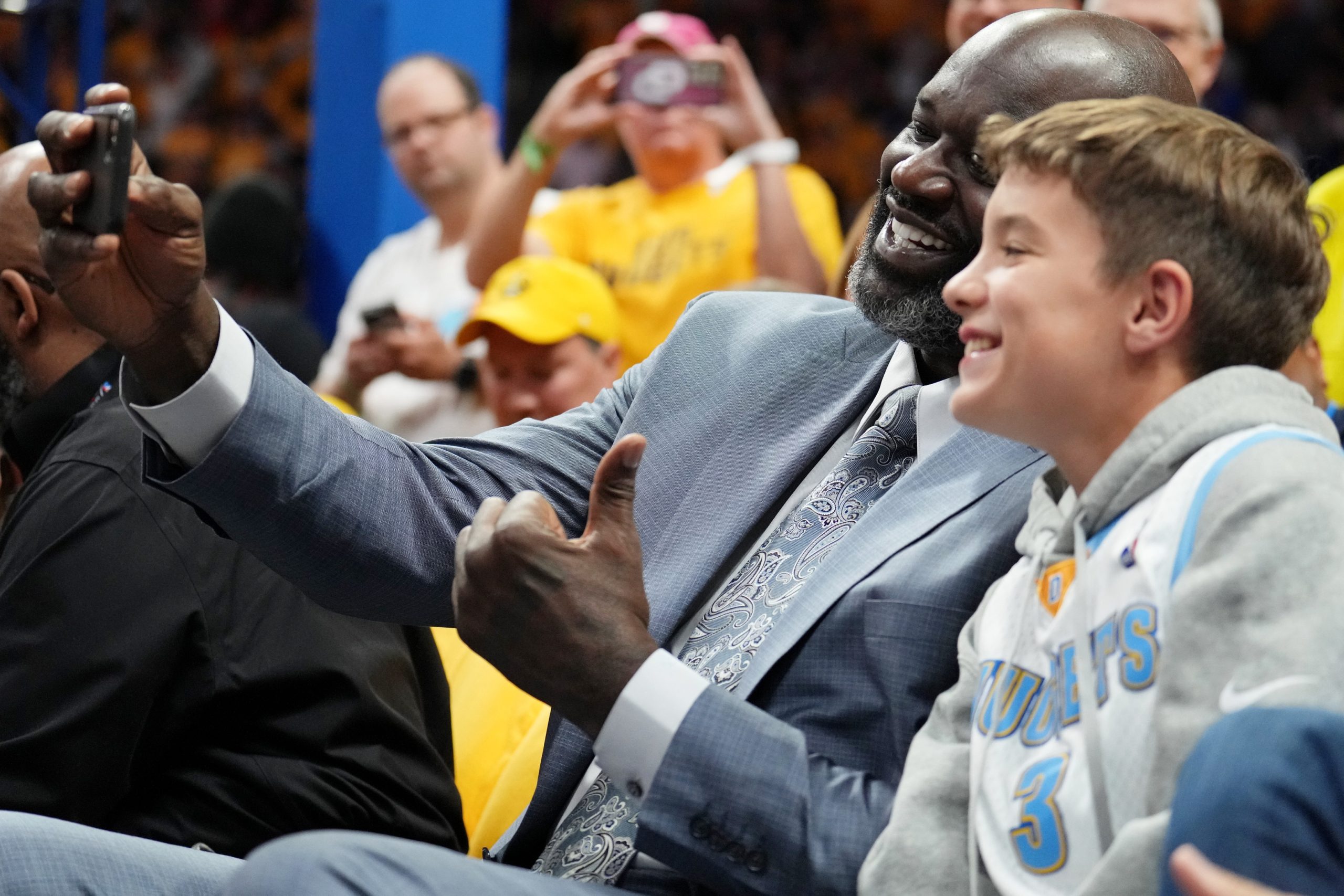 The Top 10 SEC Men's Basketball:Jun 1, 2023; Denver, CO, USA; NBA former player Shaquille O'Neill takes a selfie with Marshall Manning, son of Peyton Manning (not pictured) before game one of the 2023 NBA Finals between the Miami Heat and Denver Nuggets at Ball Arena. Mandatory Credit: Kyle Terada-USA TODAY Sports