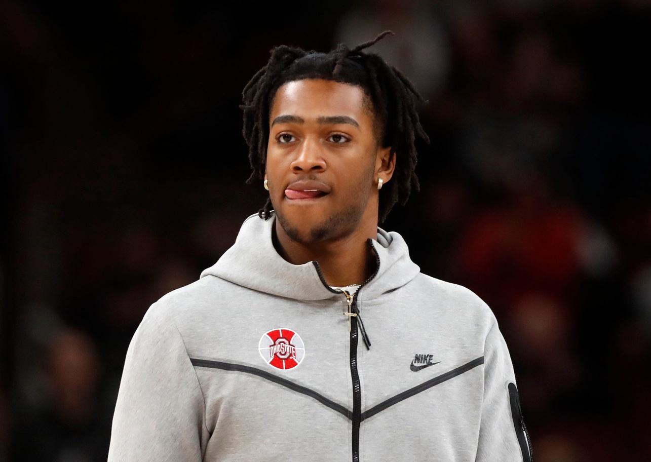 Ohio State Buckeyes forward Brice Sensabaugh (10) watches his teammates warmup before the Big Ten Menâ€™s Basketball Tournament semifinal game against the Purdue Boilermakers, Saturday, March 11, 2023, at United Center in Chicago. Purdue won 80-66.