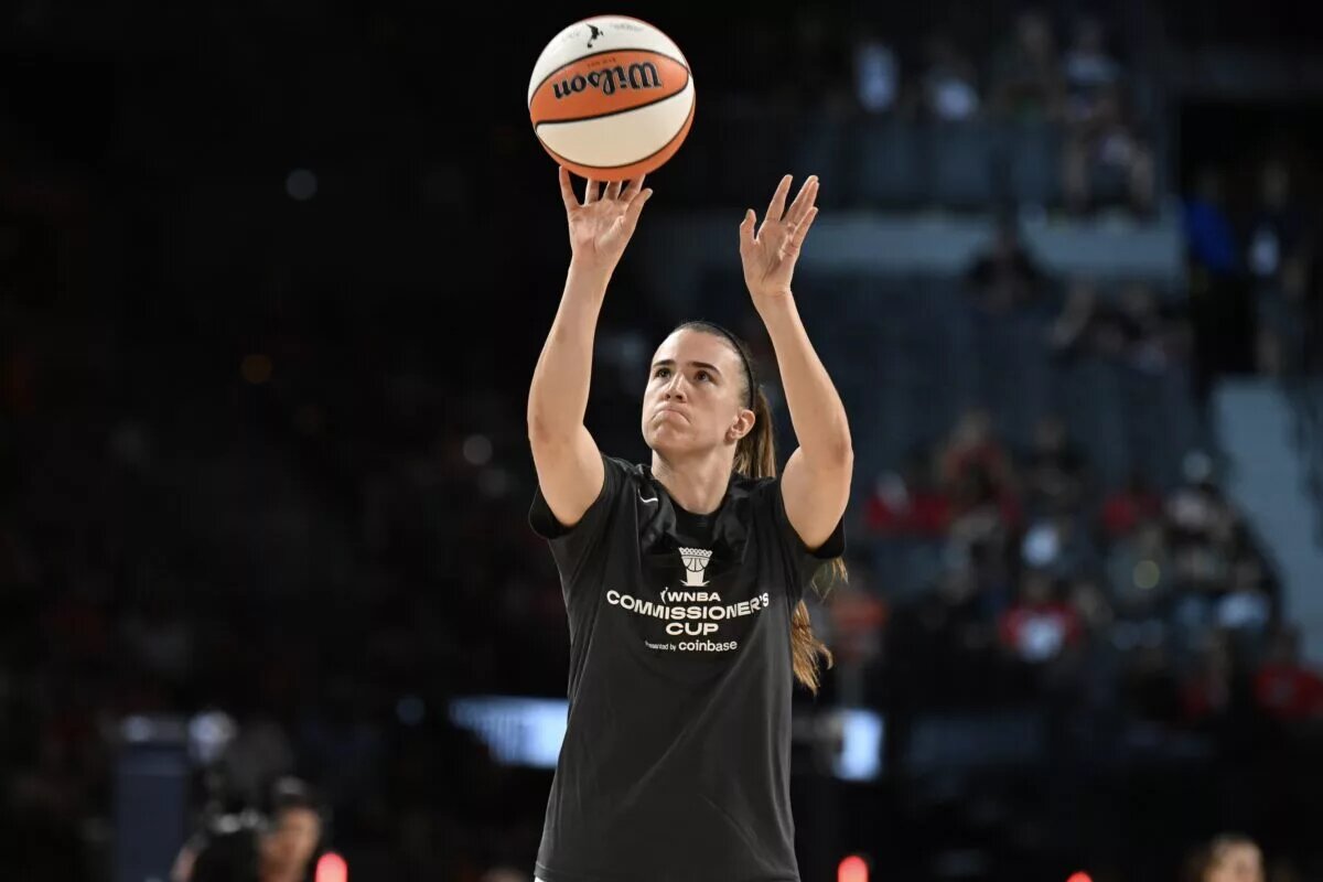 Aug 15, 2023; Las Vegas, Nevada, USA; New York Liberty guard Sabrina Ionescu warms up against the Las Vegas Aces at Michelob Ultra Arena. Mandatory Credit: Candice Ward-USA TODAY Sports