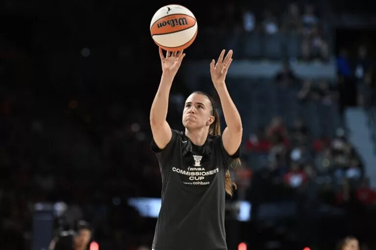 Aug 15, 2023; Las Vegas, Nevada, USA; New York Liberty guard Sabrina Ionescu warms up against the Las Vegas Aces at Michelob Ultra Arena. Mandatory Credit: Candice Ward-USA TODAY Sports