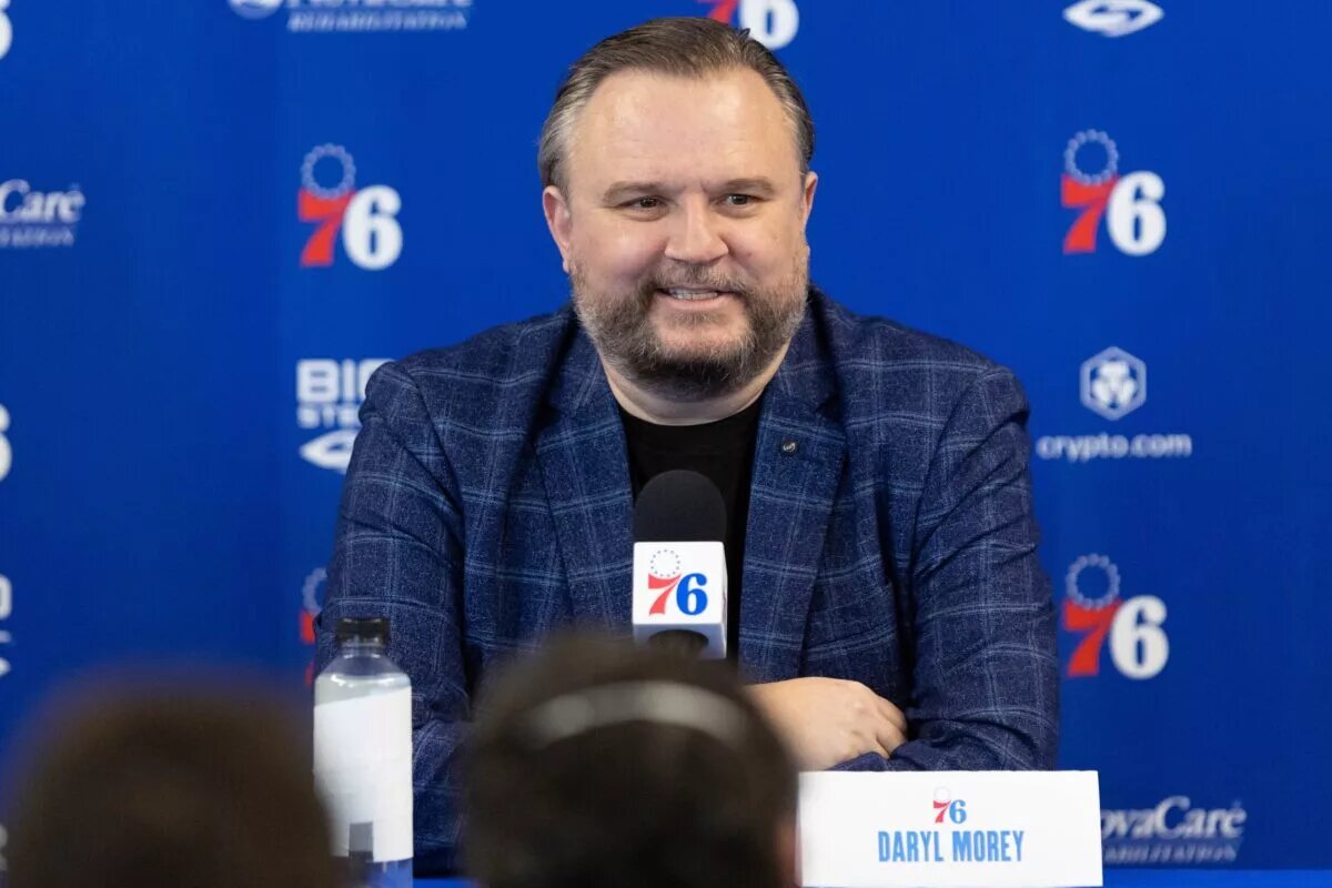 Feb 15, 2022; Camden, NJ, USA; Philadelphia 76ers president of basketball operations Daryl Morey speaks with the media at Philadelphia 76ers Training Complex. Mandatory Credit: Bill Streicher-USA TODAY Sports