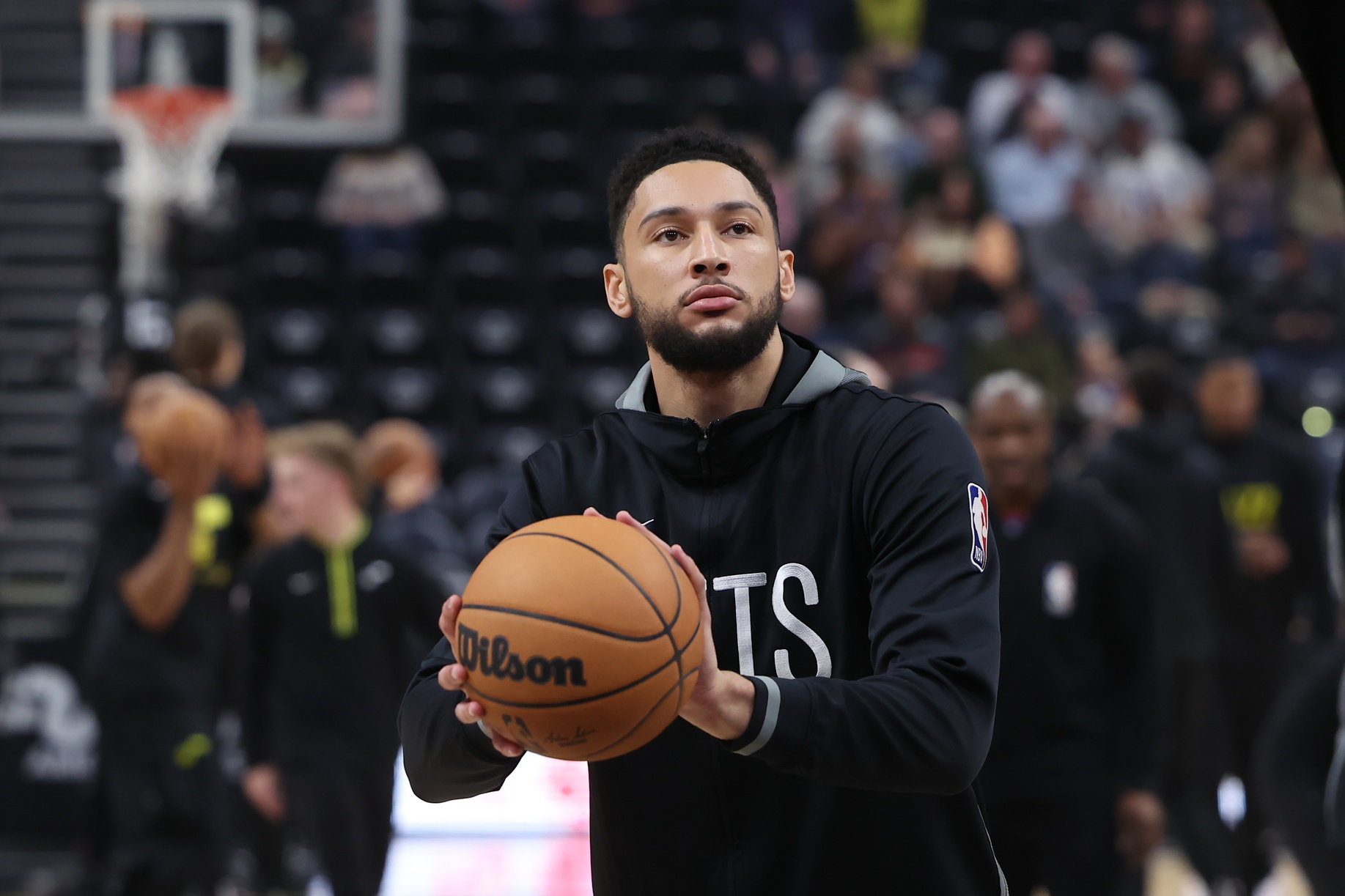 Jan 20, 2023; Salt Lake City, Utah, USA; Brooklyn Nets guard Ben Simmons (10) practices free throws prior to a game against the Utah Jazz at Vivint Arena. Mandatory Credit: Rob Gray-USA TODAY Sports