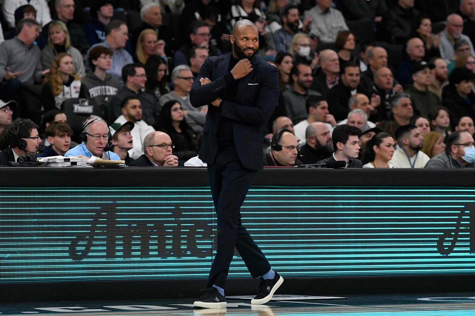 Feb 18, 2023; Providence, Rhode Island, USA; Villanova Wildcats head coach Kyle Neptune watches game play during the first half against the Providence Friars at Amica Mutual Pavilion. Mandatory Credit: Eric Canha-USA TODAY Sports. Neptune just got a commitment from Malcolm Thomas.