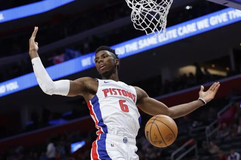Mar 1, 2023; Detroit, Michigan, USA; Detroit Pistons guard Hamidou Diallo (6) dunks in the first half against the Chicago Bulls at Little Caesars Arena. Mandatory Credit: Rick Osentoski-USA TODAY Sports