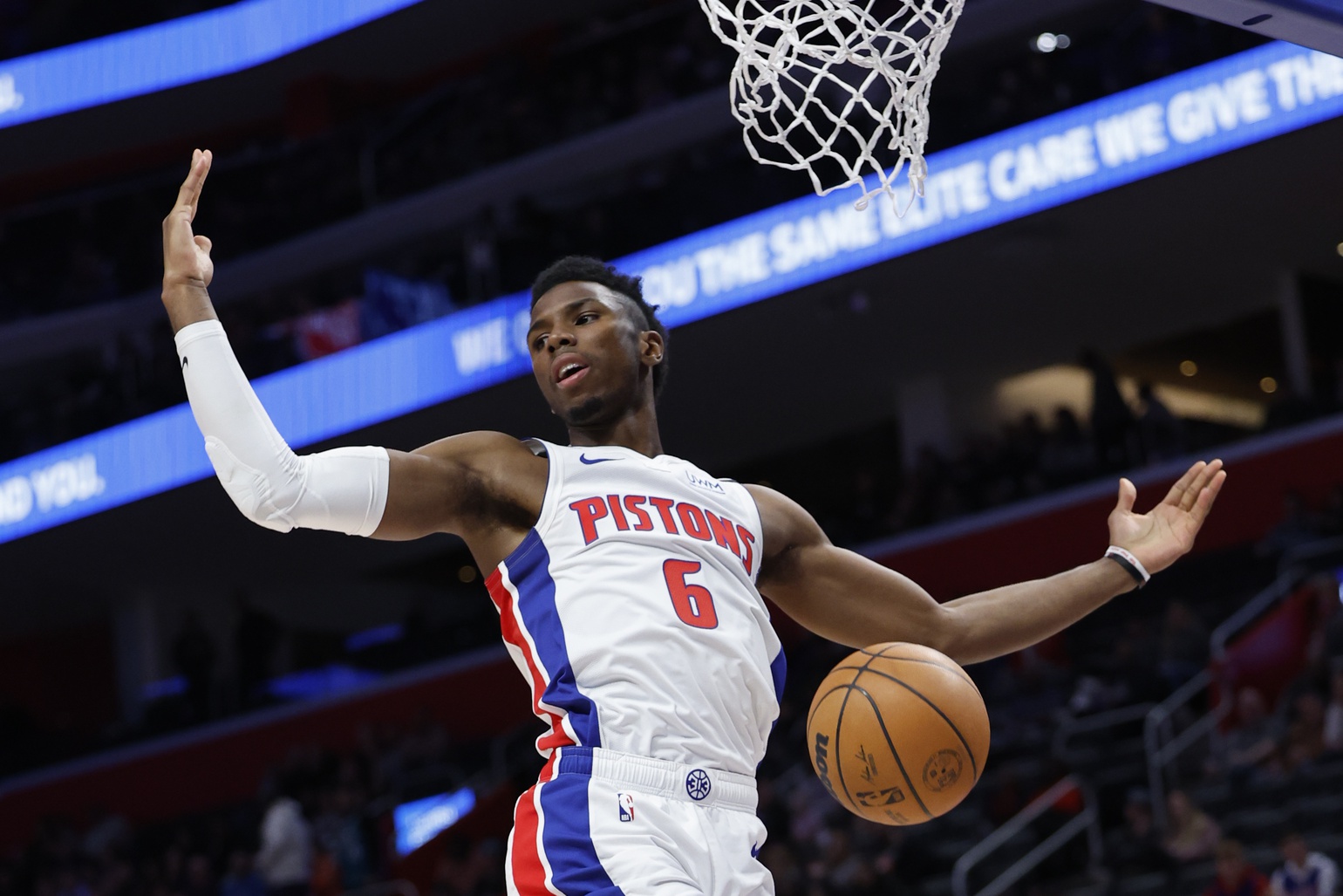 Mar 1, 2023; Detroit, Michigan, USA; Detroit Pistons guard Hamidou Diallo (6) dunks in the first half against the Chicago Bulls at Little Caesars Arena. Mandatory Credit: Rick Osentoski-USA TODAY Sports