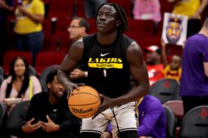 Apr 2, 2023; Houston, Texas, USA; Los Angeles Lakers forward Wenyen Gabriel (35) warms up prior to the game against the Houston Rockets at Toyota Center. Mandatory Credit: Erik Williams-USA TODAY Sports