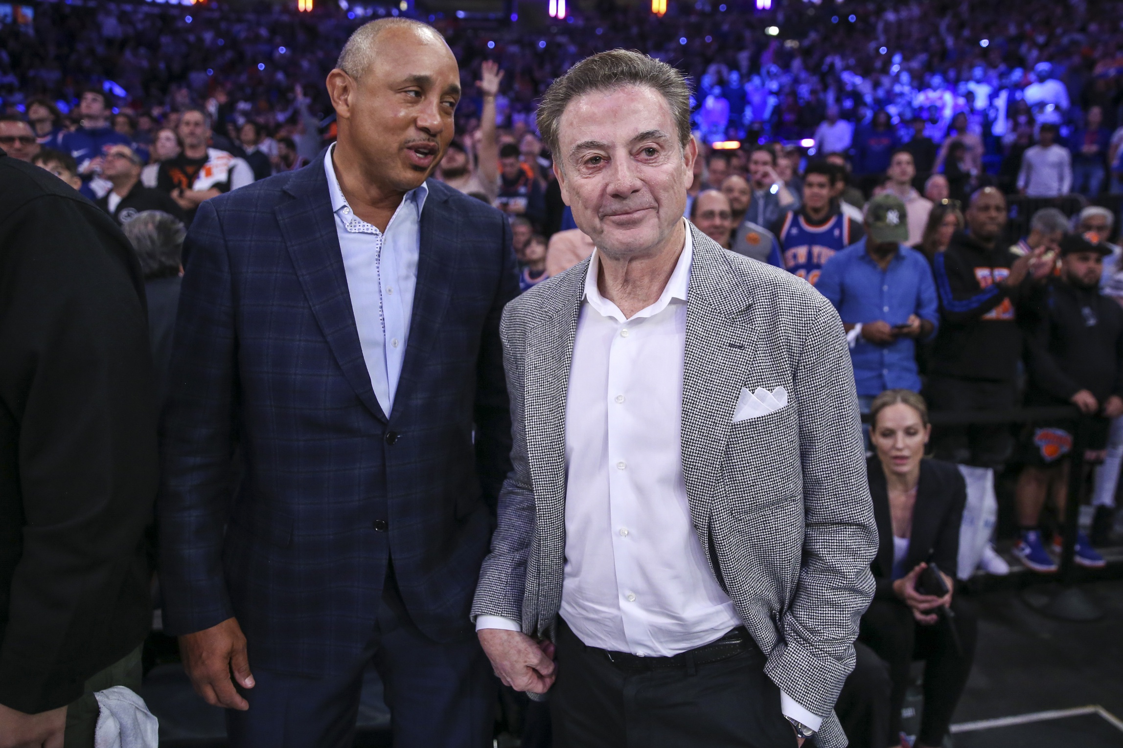 Apr 23, 2023; New York, New York, USA; Former New York Knicks guard John Starks (l) and St. John’s Red Storm head coach Rick Pitino interact during game four of the 2023 NBA playoffs between the Cleveland Cavaliers and the New York Knicks at Madison Square Garden. Mandatory Credit: Wendell Cruz-USA TODAY Sports