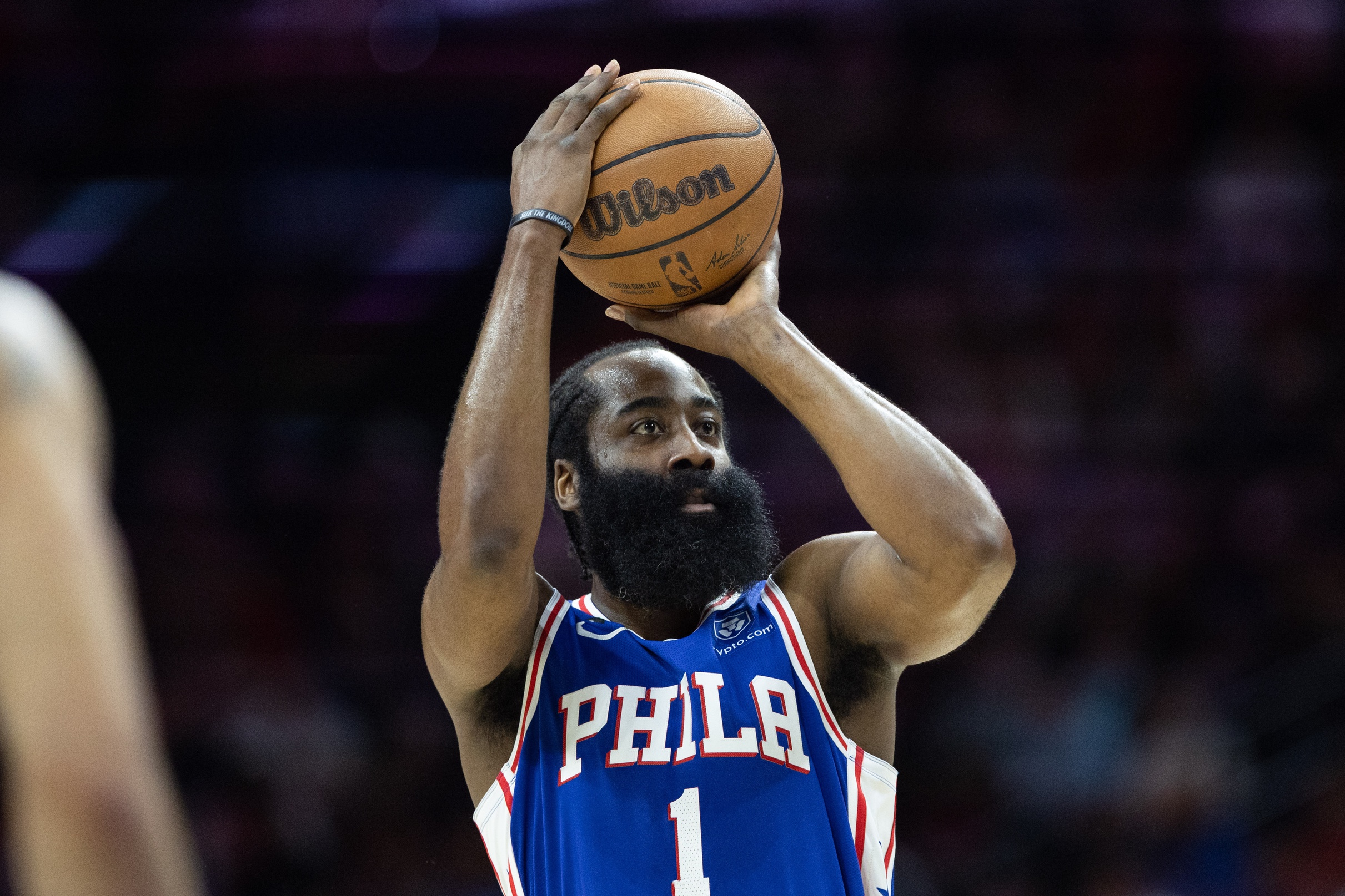 May 11, 2023; Philadelphia, Pennsylvania, USA; Philadelphia 76ers guard James Harden (1) shoots against the Boston Celtics during the first quarter in game six of the 2023 NBA playoffs at Wells Fargo Center.