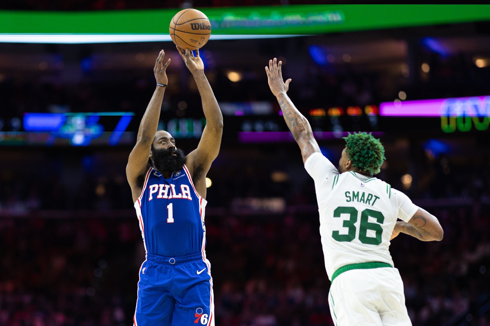 May 11, 2023; Philadelphia, Pennsylvania, USA; Philadelphia 76ers guard James Harden (1) shoots past Boston Celtics guard Marcus Smart (36) during the second quarter in game six of the 2023 NBA playoffs at Wells Fargo Center. Mandatory Credit: Bill Streicher-USA TODAY Sports