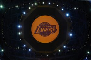 May 20, 2023; Los Angeles, California, USA; The Los Angeles Lakers logo on the video board during game three of the Western Conference Finals for the 2023 NBA playoffs at Crypto.com Arena. Mandatory Credit: Kirby Lee-USA TODAY Sports