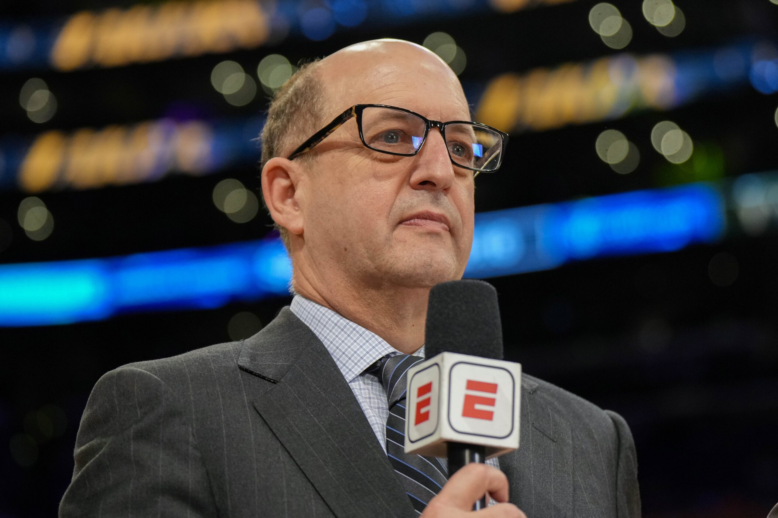 May 22, 2023; Los Angeles, California, USA; ESPN commentator Jeff Van Gundy during game four of the Western Conference Finals for the 2023 NBA playoffs between the Denver Nuggets and the Los Angeles Lakers at Crypto.com Arena. Mandatory Credit: Kirby Lee-USA TODAY Sports