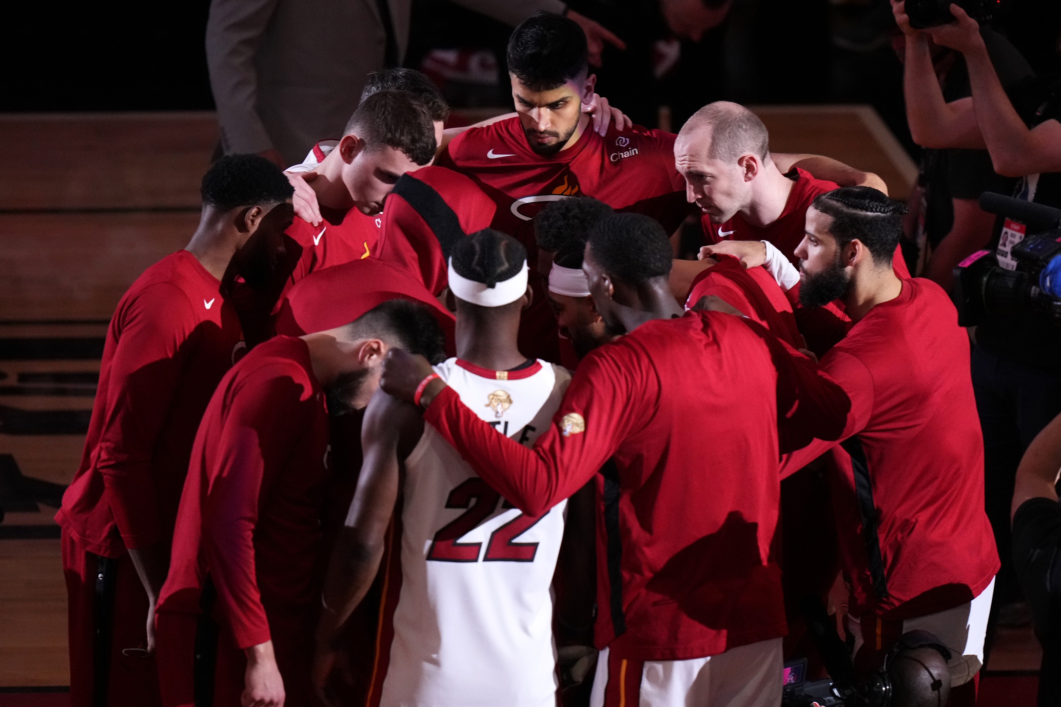 Jun 9, 2023; Miami, Florida, USA; Miami Heat players huddle before game four of the 2023 NBA Finals against the Denver Nuggets at Kaseya Center. Mandatory Credit: Rich Storry-USA TODAY Sports