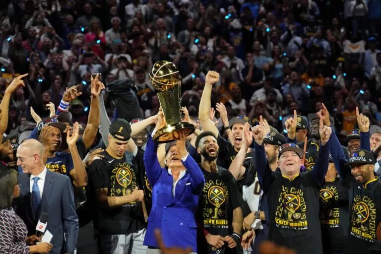 Jun 12, 2023; Denver, Colorado, USA; The Denver Nuggets celebrate after winning the 2023 NBA Finals against the Miami Heat at Ball Arena. Mandatory Credit: Kyle Terada-USA TODAY Sports