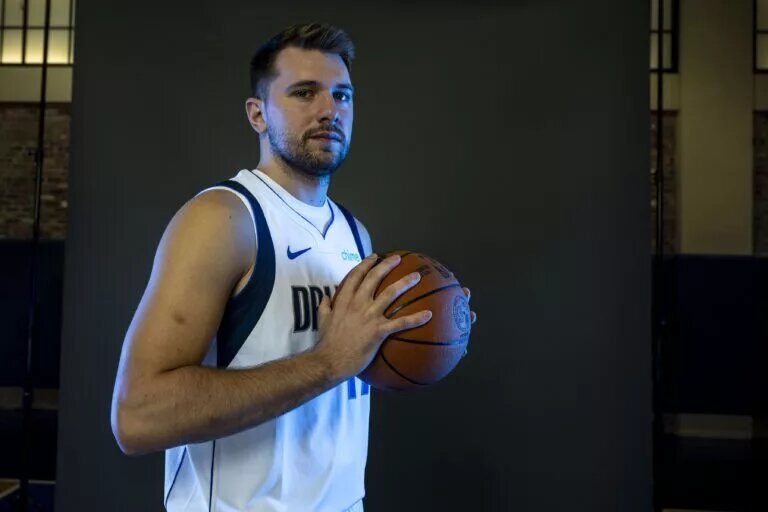 Sep 29, 2023; Dallas, TX, USA; Dallas Mavericks guard Luka Doncic (77) poses for a photo during the Mavs Media Day at the American Airlines Center. Mandatory Credit: Jerome Miron-USA TODAY Sports. Luka and the Mavs are projected to be one of the better teams in the Southwest Division.