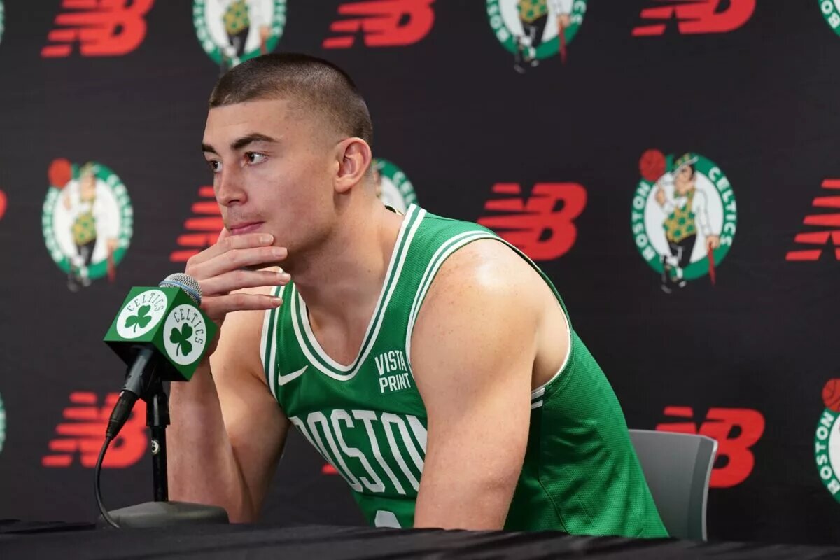 Oct 2, 2023; Boston, Celtics, USA; Boston Celtics guard Payton Pritchard (11) talks with sports media during Boston Celtics Media Day. Mandatory Credit: David Butler II-USA TODAY Sports