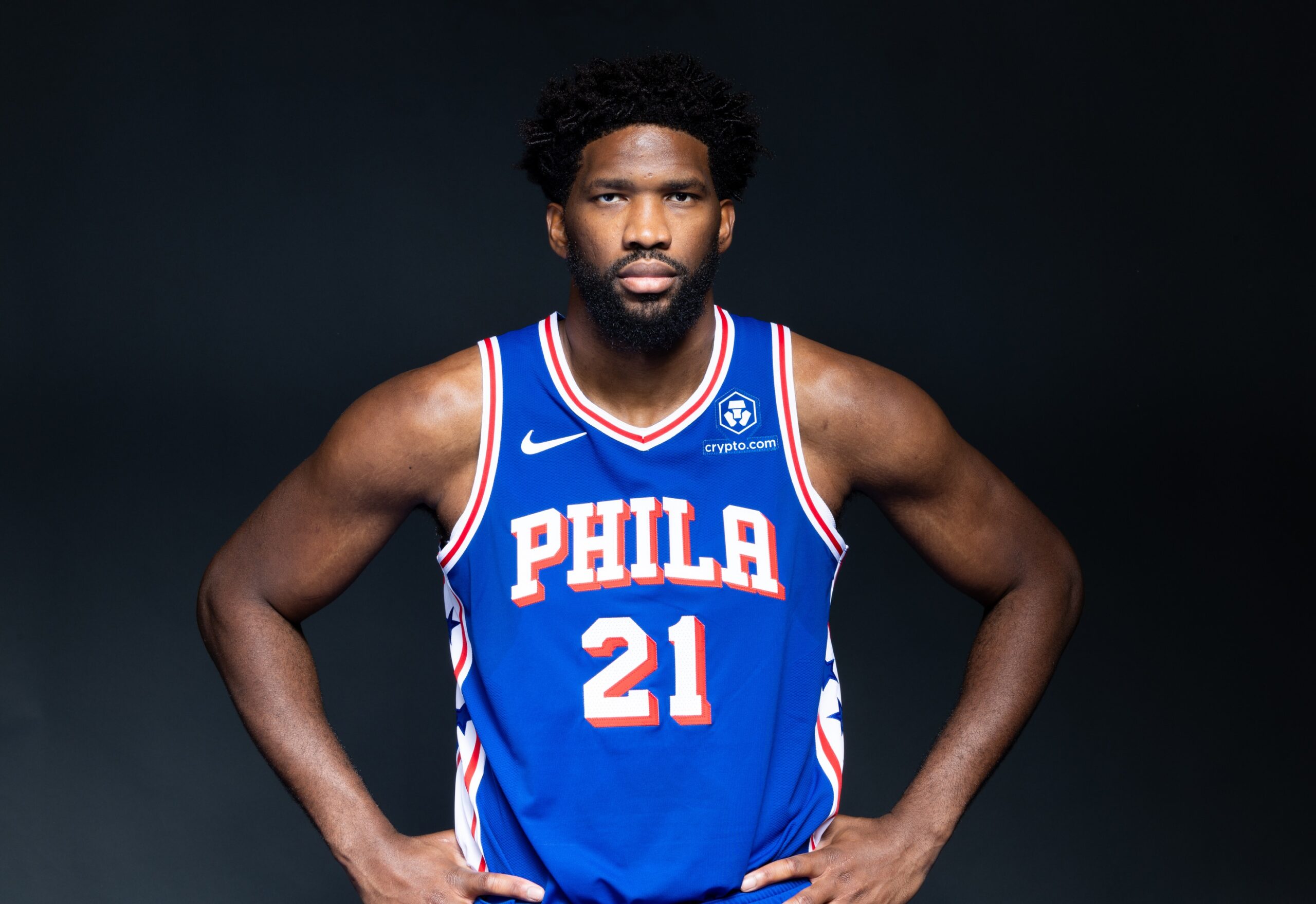 Oct 2, 2023; Camden, NJ, USA; Philadelphia 76ers center Joel Embiid (21) poses for a photo during media day at Philadelphia 76ers Training Complex. Mandatory Credit: Bill Streicher-USA TODAY Sports