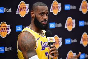 Oct 2, 2023; El Segundo, CA, USA; Los Angeles Lakers forward LeBron James (23) speaks during media day at UCLA Health Training Center. Mandatory Credit: Gary A. Vasquez-USA TODAY Sports
