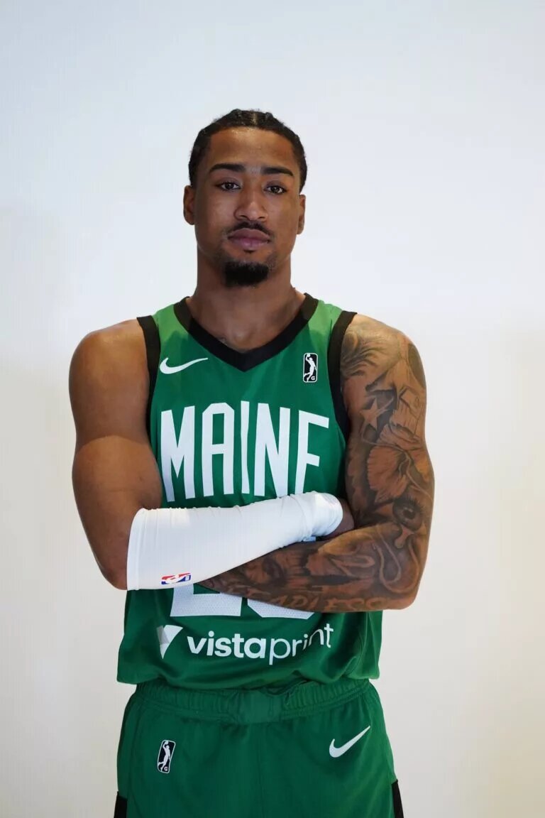 Oct 2, 2023; Boston, Celtics, USA; Boston Celtics guard Jay Scrubb (29) poses for a photo during Boston Celtics Media Day. Mandatory Credit: David Butler II-USA TODAY Sports