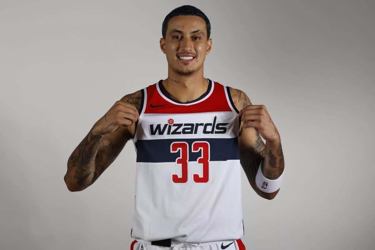Oct 2, 2023; Washington, DC, USA; Washington Wizards forward Kyle Kuzma (33) poses for a portrait during Wizards media day at Capital One Arena. Mandatory Credit: Geoff Burke-USA TODAY Sports