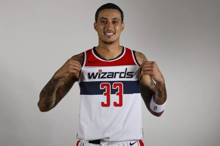 Oct 2, 2023; Washington, DC, USA; Washington Wizards forward Kyle Kuzma (33) poses for a portrait during Wizards media day at Capital One Arena. Mandatory Credit: Geoff Burke-USA TODAY Sports