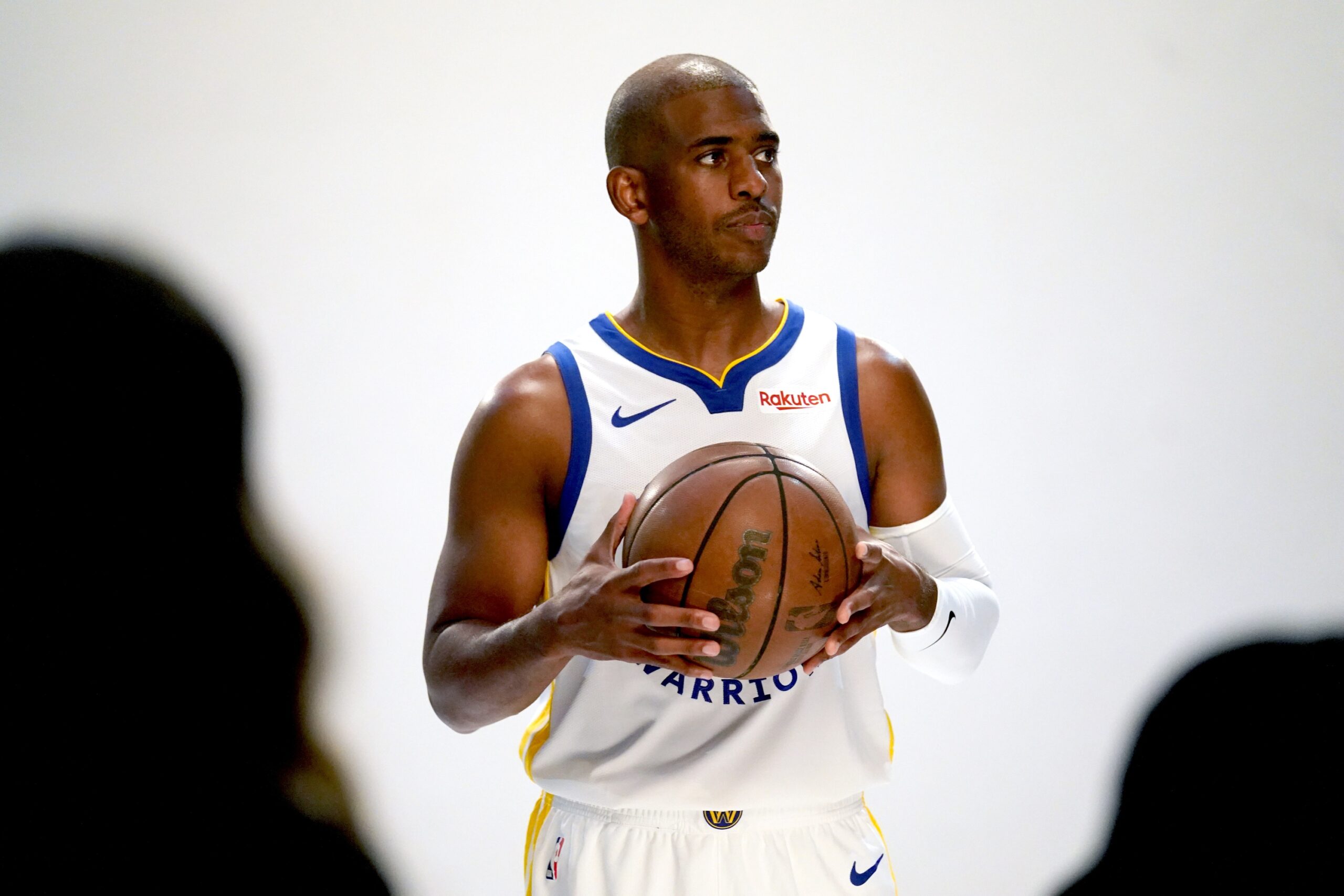 Oct 2, 2023; San Francisco, CA, USA; Golden State Warriors guard Chris Paul (3) during Media Day at the Chase Center. Mandatory Credit: Cary Edmondson-USA TODAY Sports