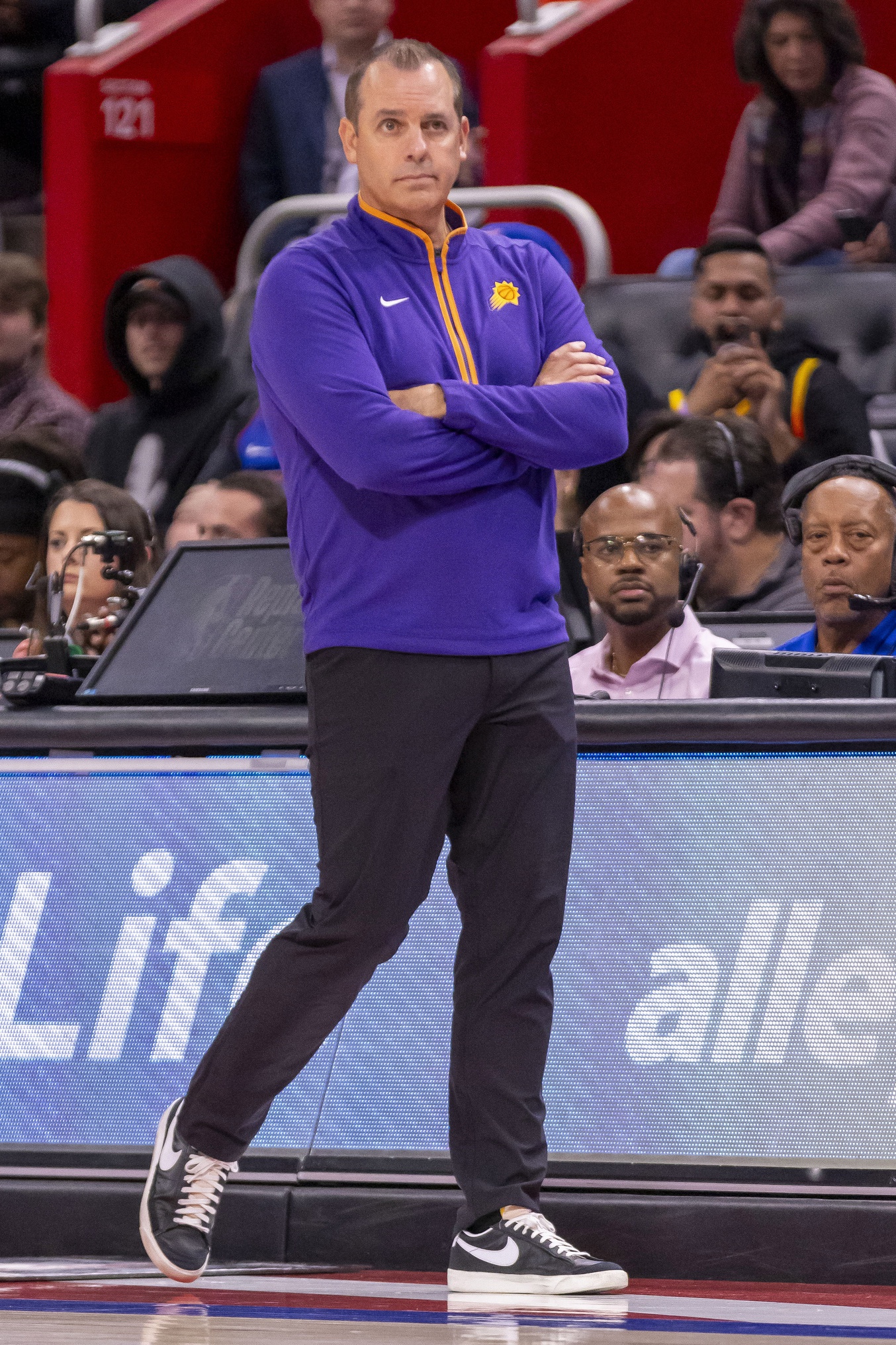 Oct 8, 2023; Detroit, Michigan, USA; Phoenix Suns Head coach Frank Vogel watches the play from the sidelines against the Detroit Pistons during the first half of a pre-season game at Little Caesars Arena. Mandatory Credit: David Reginek-USA TODAY Sports