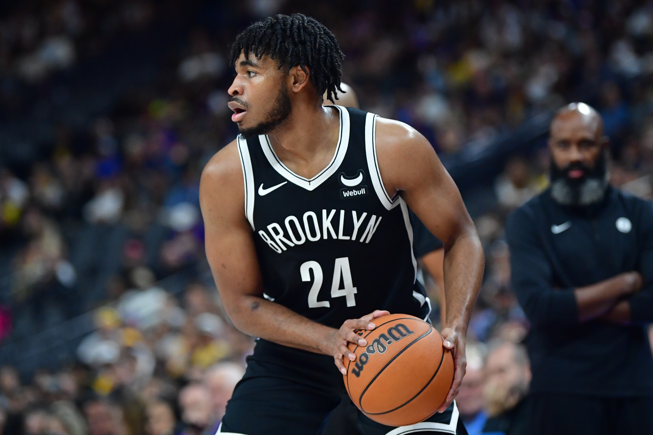 Oct 9, 2023; Las Vegas, Nevada, USA; Brooklyn Nets guard Cam Thomas (24) controls the ball against the Los Angeles Lakers during the first half at T-Mobile Arena. Mandatory Credit: Gary A. Vasquez-USA TODAY Sports