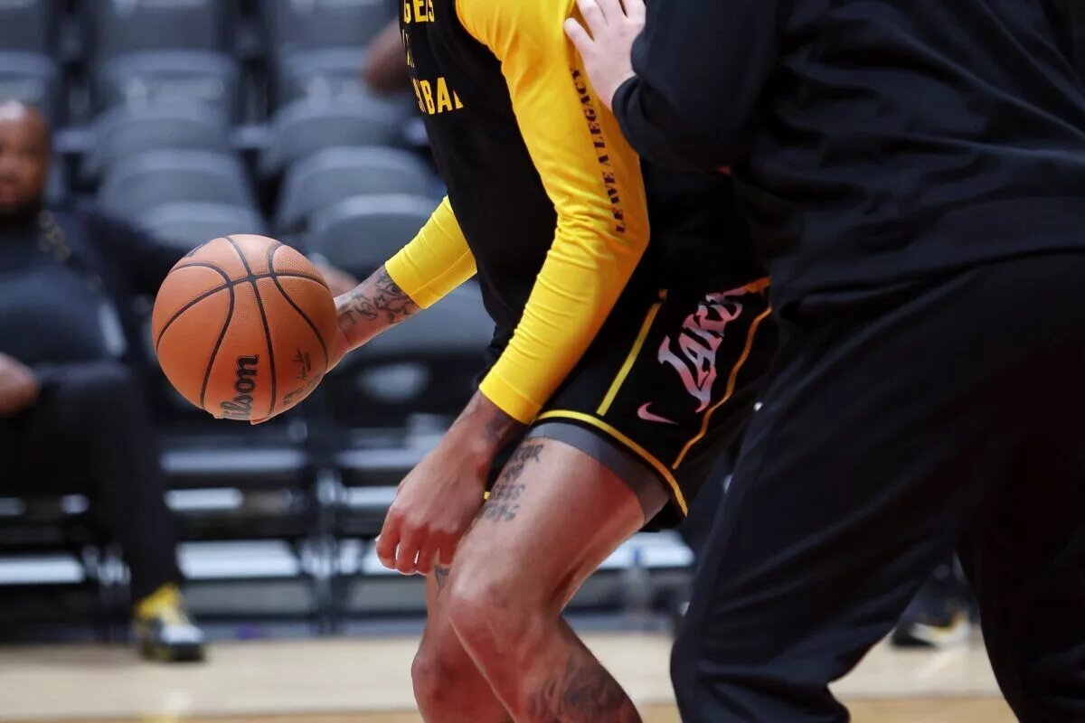 Oct 11, 2023; Anaheim, California, USA; Los Angeles Lakers forward Anthony Davis (3) warms up before the game against the Sacramento Kings at Honda Center. Mandatory Credit: Kiyoshi Mio-USA TODAY Sports