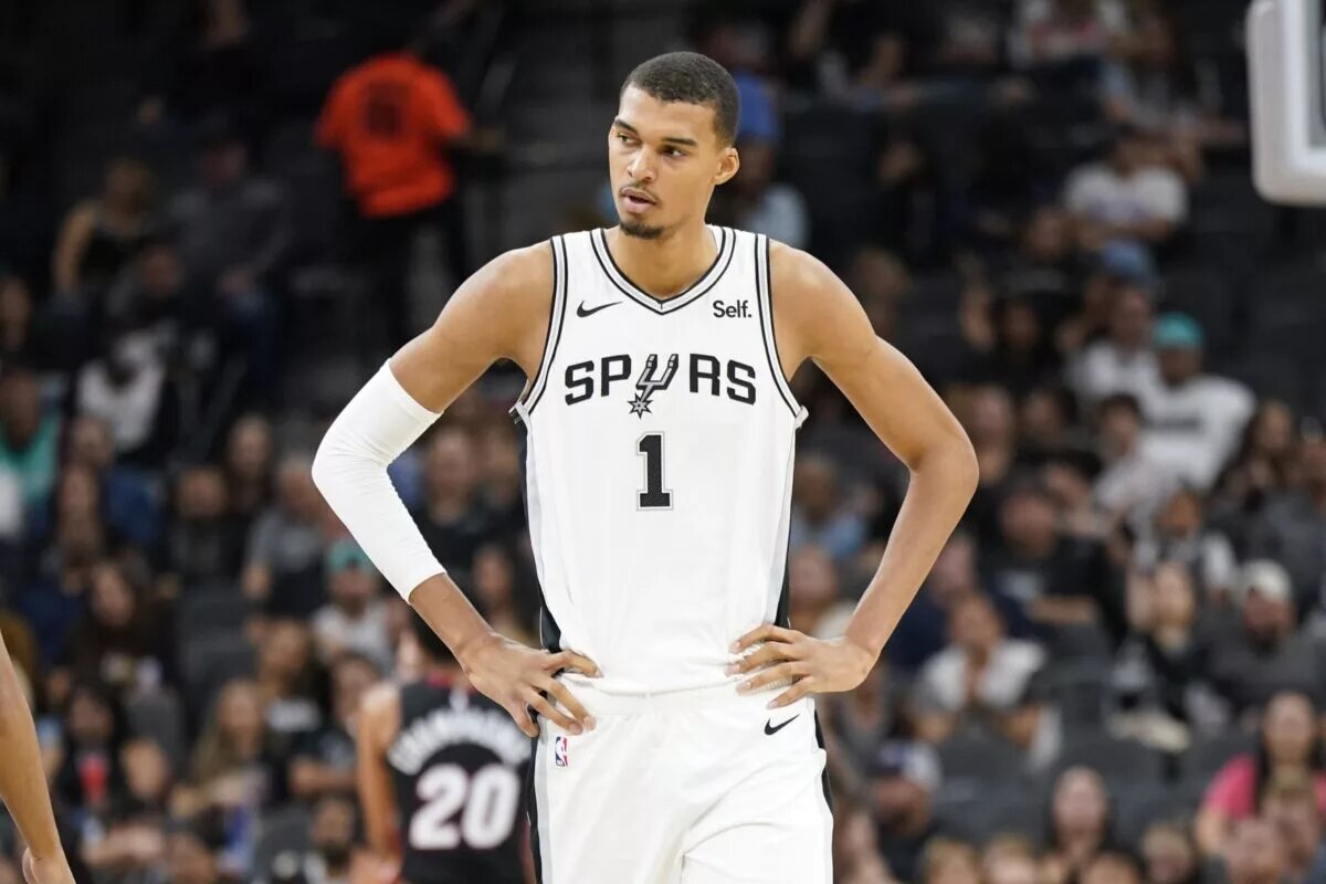 Oct 13, 2023; San Antonio, Texas, USA; San Antonio Spurs center Victor Wembanyama (1) reacts during the first half against the Miami Heat at Frost Bank Center. Mandatory Credit: Scott Wachter-USA TODAY Sports