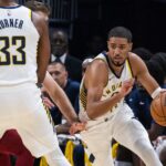 Oct 20, 2023; Indianapolis, Indiana, USA; Indiana Pacers guard Tyrese Haliburton (0) dribbles the ball in the first quarter against the Cleveland Cavaliers at Gainbridge Fieldhouse. Mandatory Credit: Trevor Ruszkowski-USA TODAY Sports