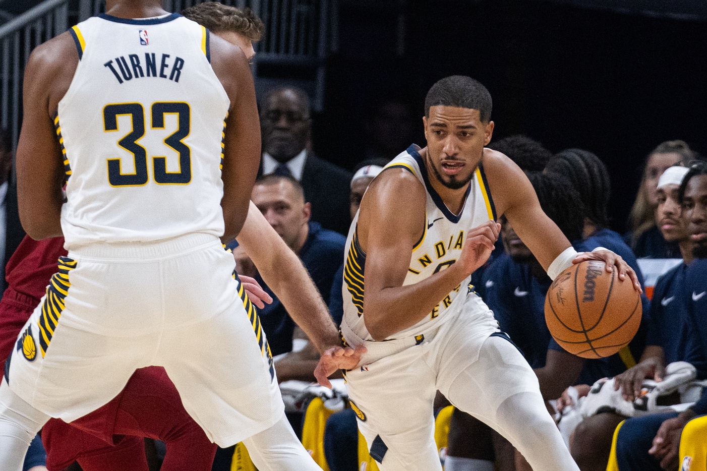 Oct 20, 2023; Indianapolis, Indiana, USA; Indiana Pacers guard Tyrese Haliburton (0) dribbles the ball in the first quarter against the Cleveland Cavaliers at Gainbridge Fieldhouse. Mandatory Credit: Trevor Ruszkowski-USA TODAY Sports