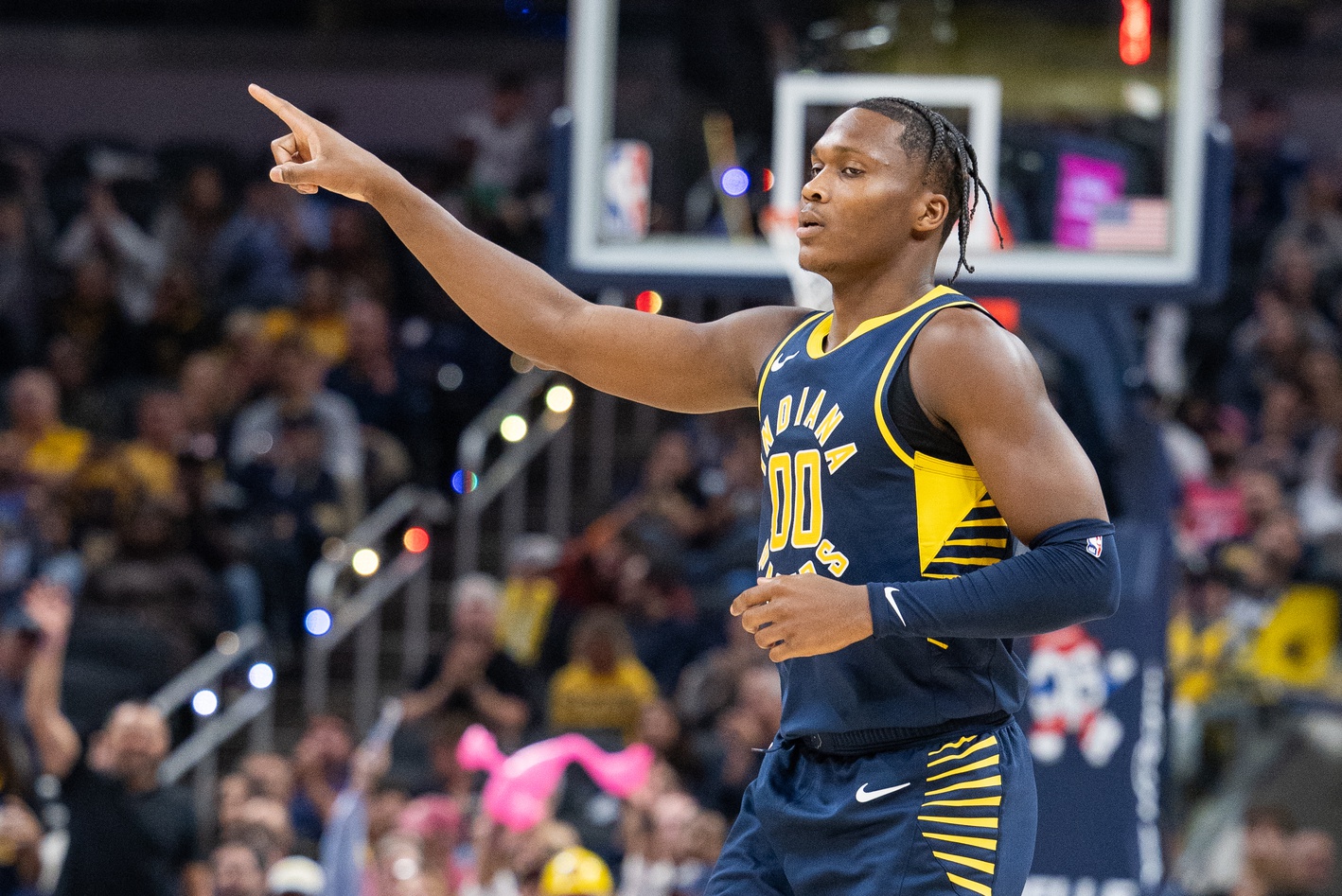Oct 25, 2023; Indianapolis, Indiana, USA; Indiana Pacers guard Bennedict Mathurin (00) celebrates a made three pointer in the second half against the Washington Wizards at Gainbridge Fieldhouse. Mandatory Credit: Trevor Ruszkowski-USA TODAY Sports