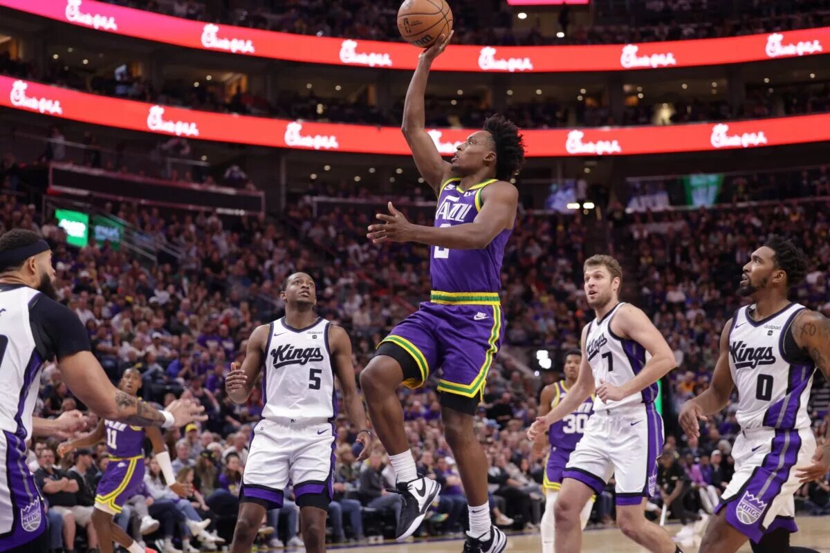 Oct 25, 2023; Salt Lake City, Utah, USA; Utah Jazz guard Collin Sexton (2) shoots the ball during the second half against the Sacramento Kings at Delta Center. Mandatory Credit: Chris Nicoll-USA TODAY Sports