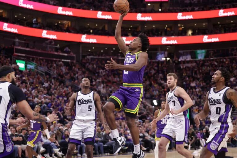 Oct 25, 2023; Salt Lake City, Utah, USA; Utah Jazz guard Collin Sexton (2) shoots the ball during the second half against the Sacramento Kings at Delta Center. Mandatory Credit: Chris Nicoll-USA TODAY Sports