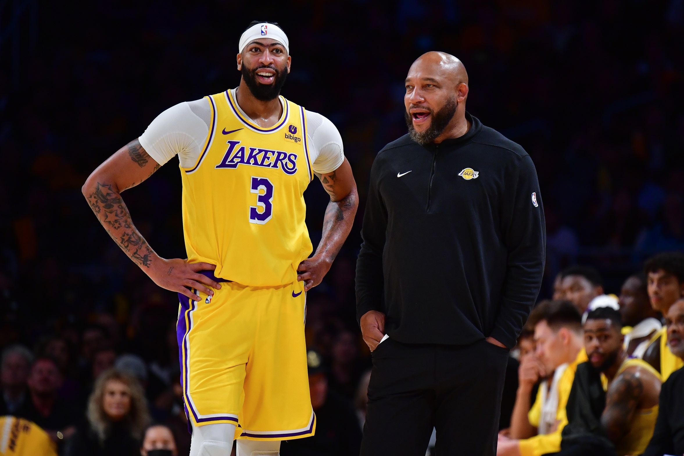 Oct 26, 2023; Los Angeles, California, USA; Los Angeles Lakers forward Anthony Davis (3) speaks with head coach Darvin Ham during the first half at Crypto.com Arena. Mandatory Credit: Gary A. Vasquez-USA TODAY Sports