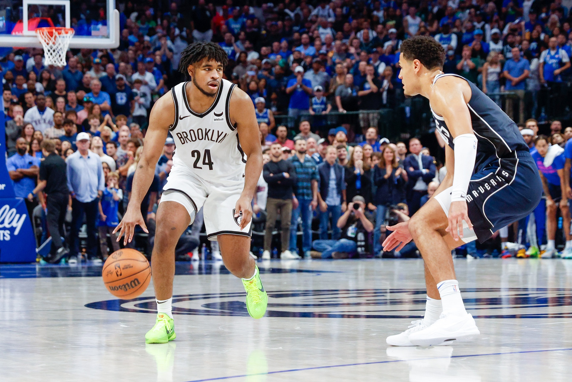 Oct 27, 2023; Dallas, Texas, USA; Brooklyn Nets guard Cam Thomas (24) is guarded by Dallas Mavericks guard Josh Green (8) during the fourth quarter at American Airlines Center. Mandatory Credit: Andrew Dieb-USA TODAY Sports