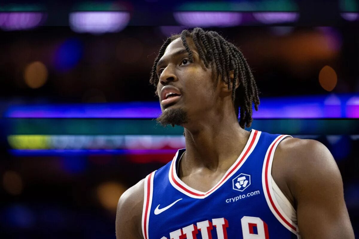Philadelphia 76ers guard Tyrese Maxey (0) looks on during the fourth quarter against the Portland Trail Blazers at Wells Fargo Center.