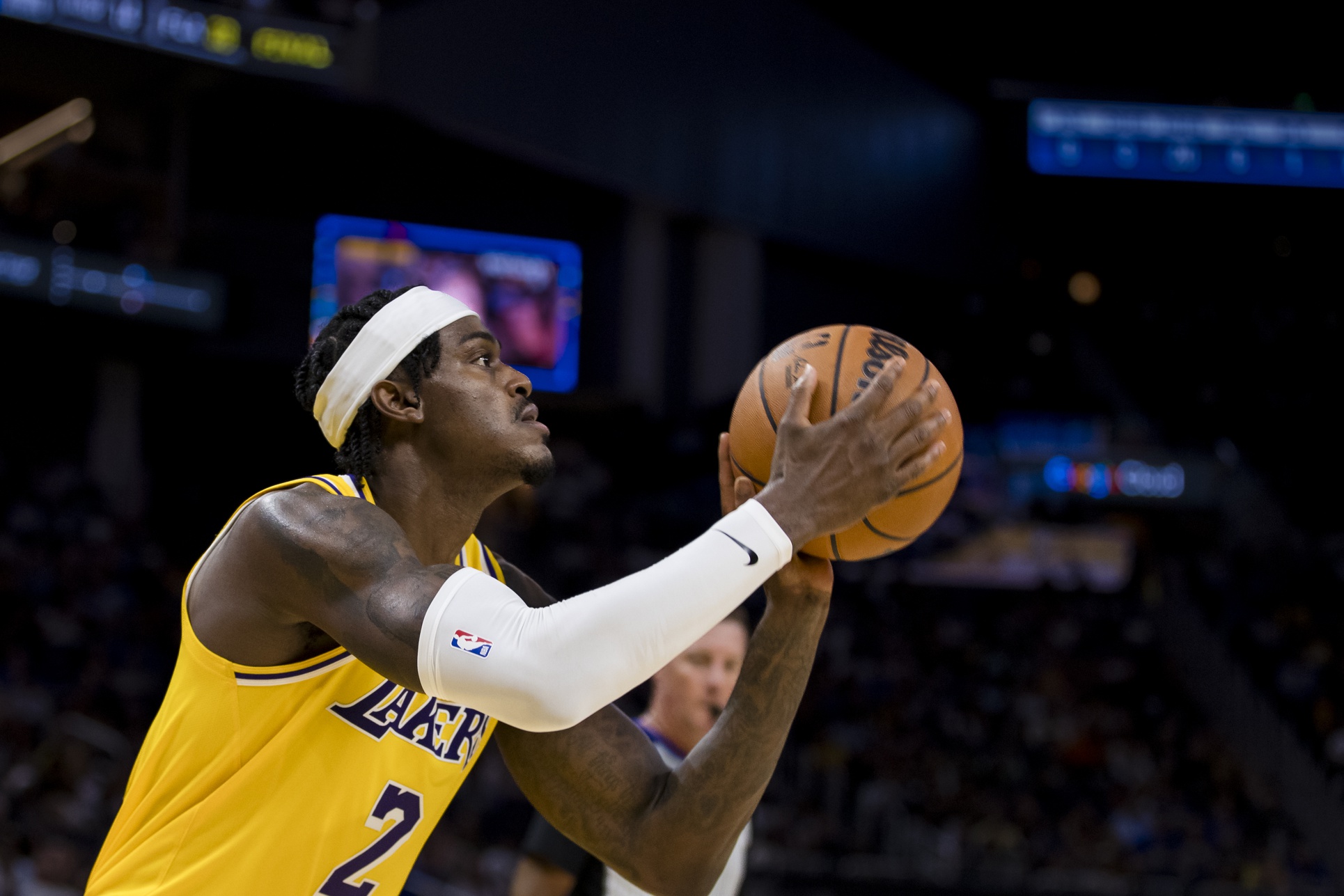 Los Angeles Lakers forward Jarred Vanderbilt (2) shoots against the Golden State Warriors during the first half at Chase Center.