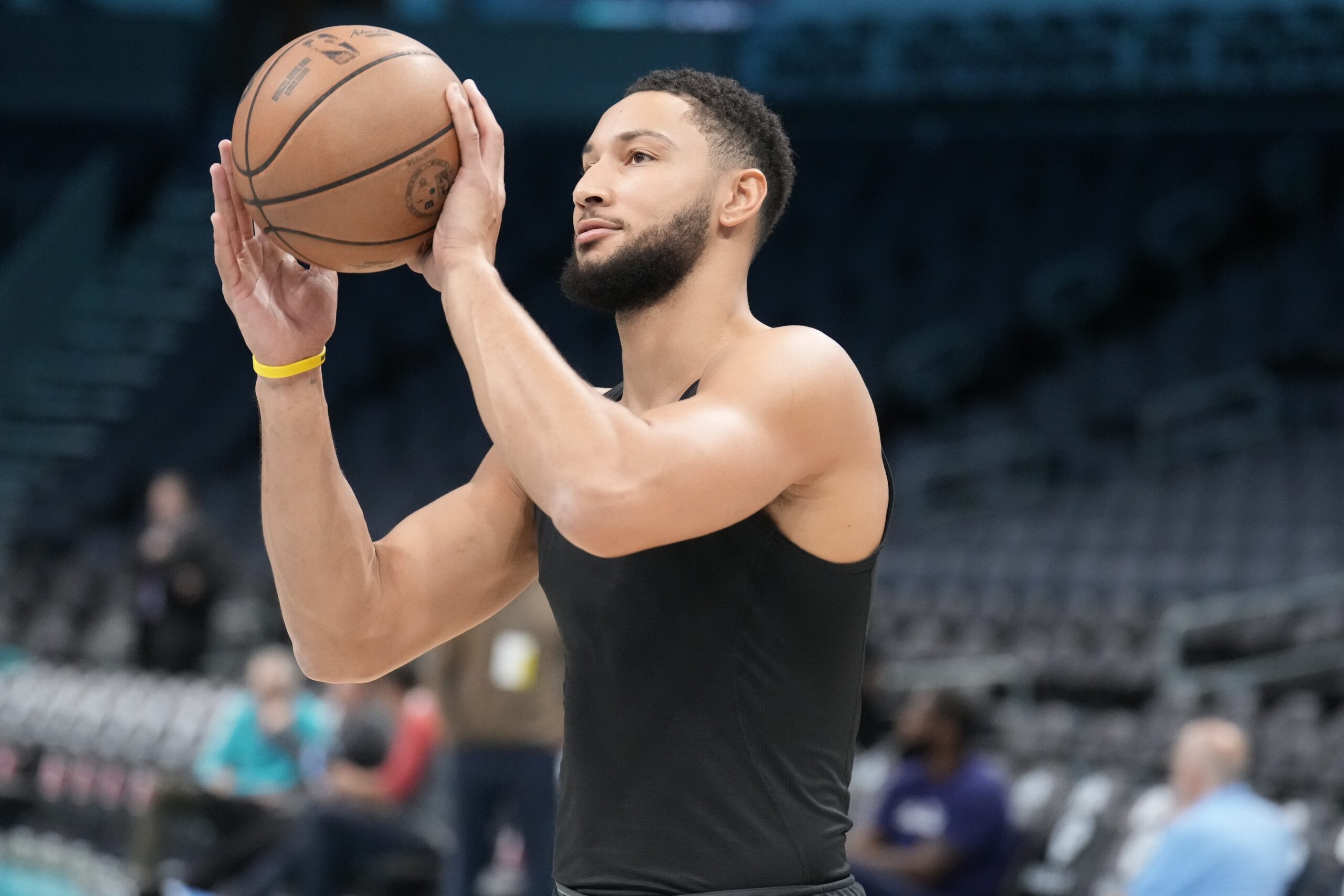 Brooklyn Nets guard Ben Simmons (10) during warm ups against the Charlotte Hornets at Spectrum Center.