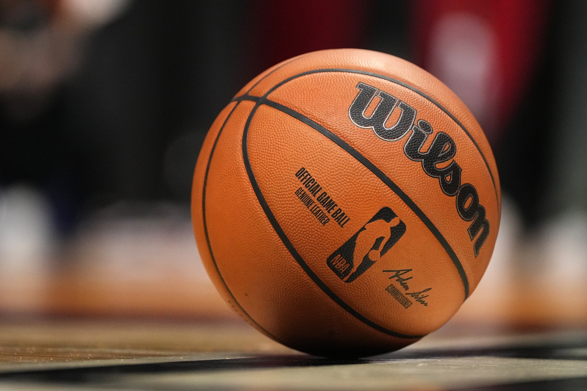 A detailed view of the game basketball on the court during the first half between the Miami Heat and the Brooklyn Nets at Kaseya Center.