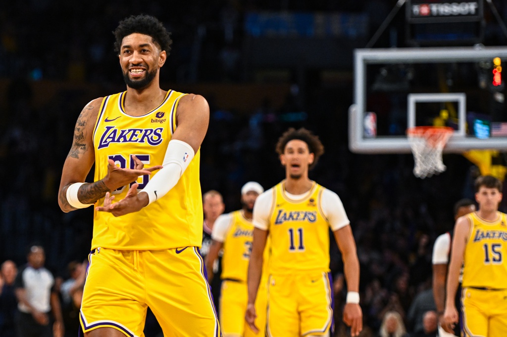 Nov 1, 2023; Los Angeles, California, USA; Los Angeles Lakers forward Christian Wood (35) celebrates against the LA Clippers during the third quarter at Crypto.com Arena. Mandatory Credit: Jonathan Hui-USA TODAY Sports