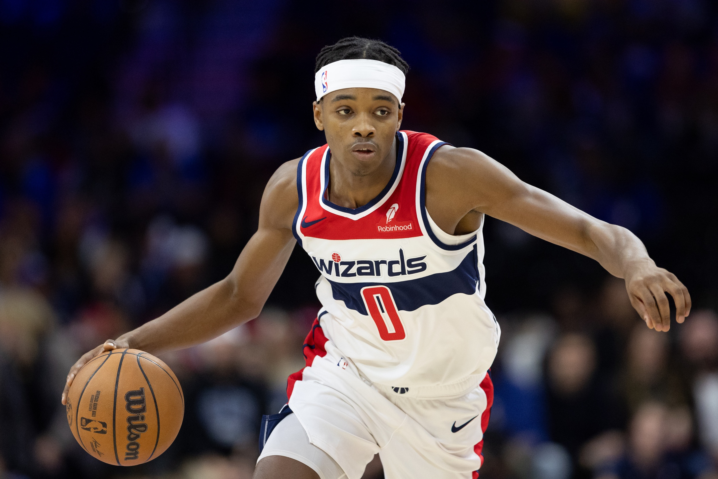 Washington Wizards guard Bilal Coulibaly (0) dribbles the ball against the Philadelphia 76ers during the fourth quarter at Wells Fargo Center.