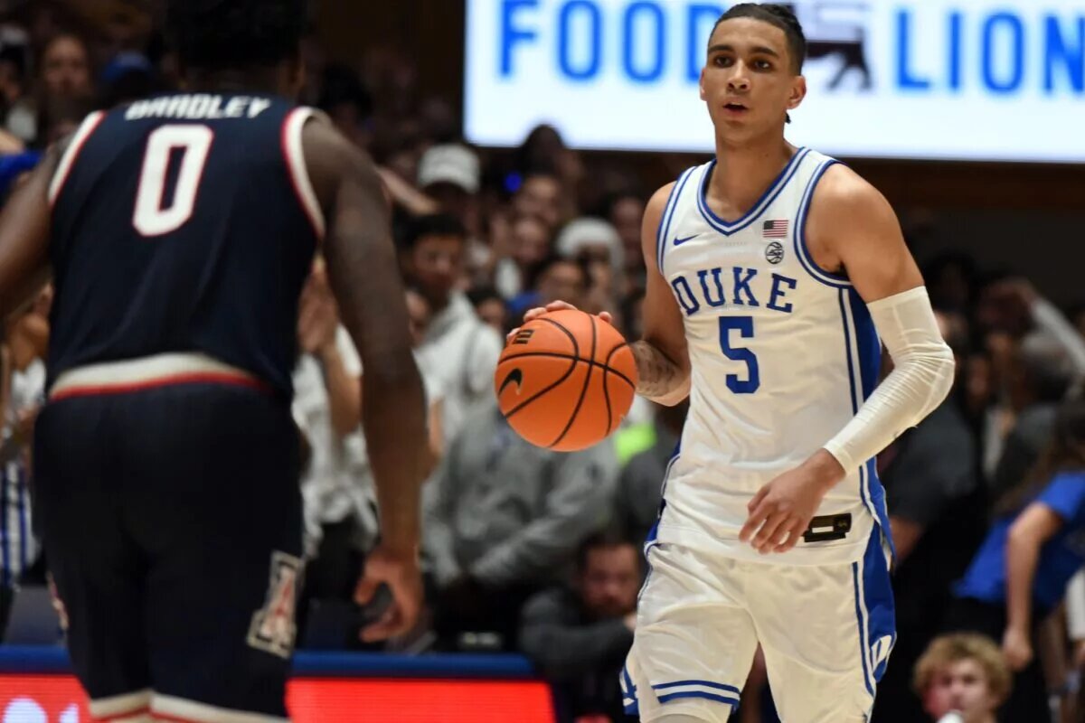 Duke Blue Devils guard Tyrese Proctor(5) dribbles up court during the second half against the Arizona Wildcats at Cameron Indoor Stadium.