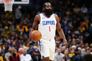 Nov 14, 2023; Denver, Colorado, USA; LA Clippers guard James Harden (1) during the first quarter against the Denver Nuggets at Ball Arena. Mandatory Credit: Ron Chenoy-USA TODAY Sports