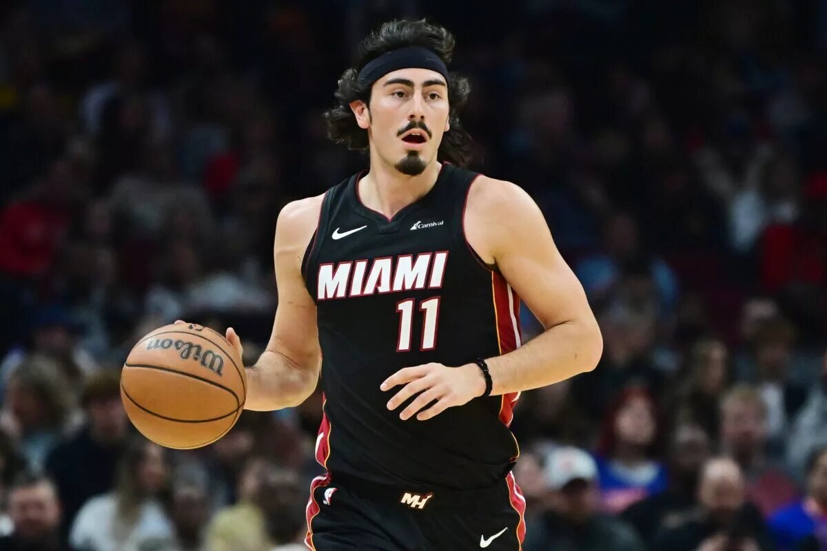 Miami Heat guard Jaime Jaquez Jr. (11) brings the ball up court during the first half against the Cleveland Cavaliers at Rocket Mortgage FieldHouse.