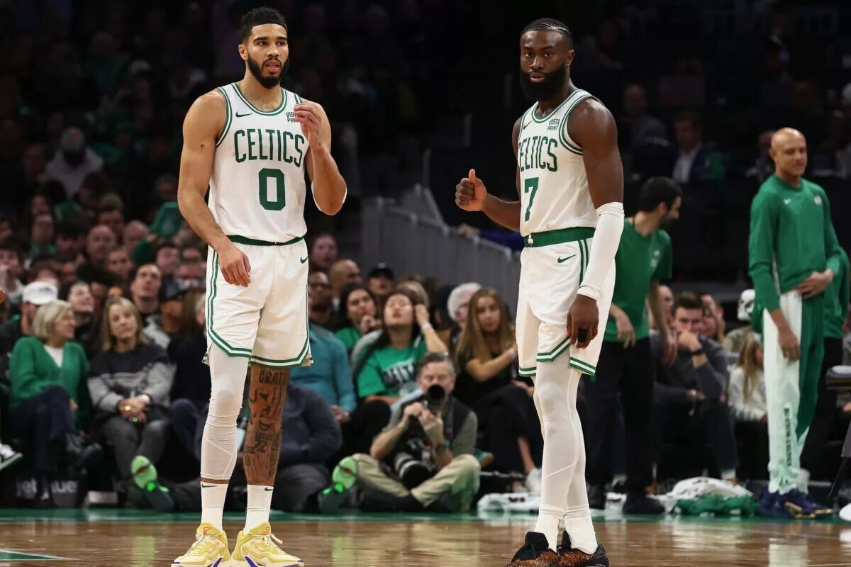 Boston Celtics forward Jayson Tatum (0) and guard Jaylen Brown (7) during the second half against the Atlanta Hawks at TD Garden.