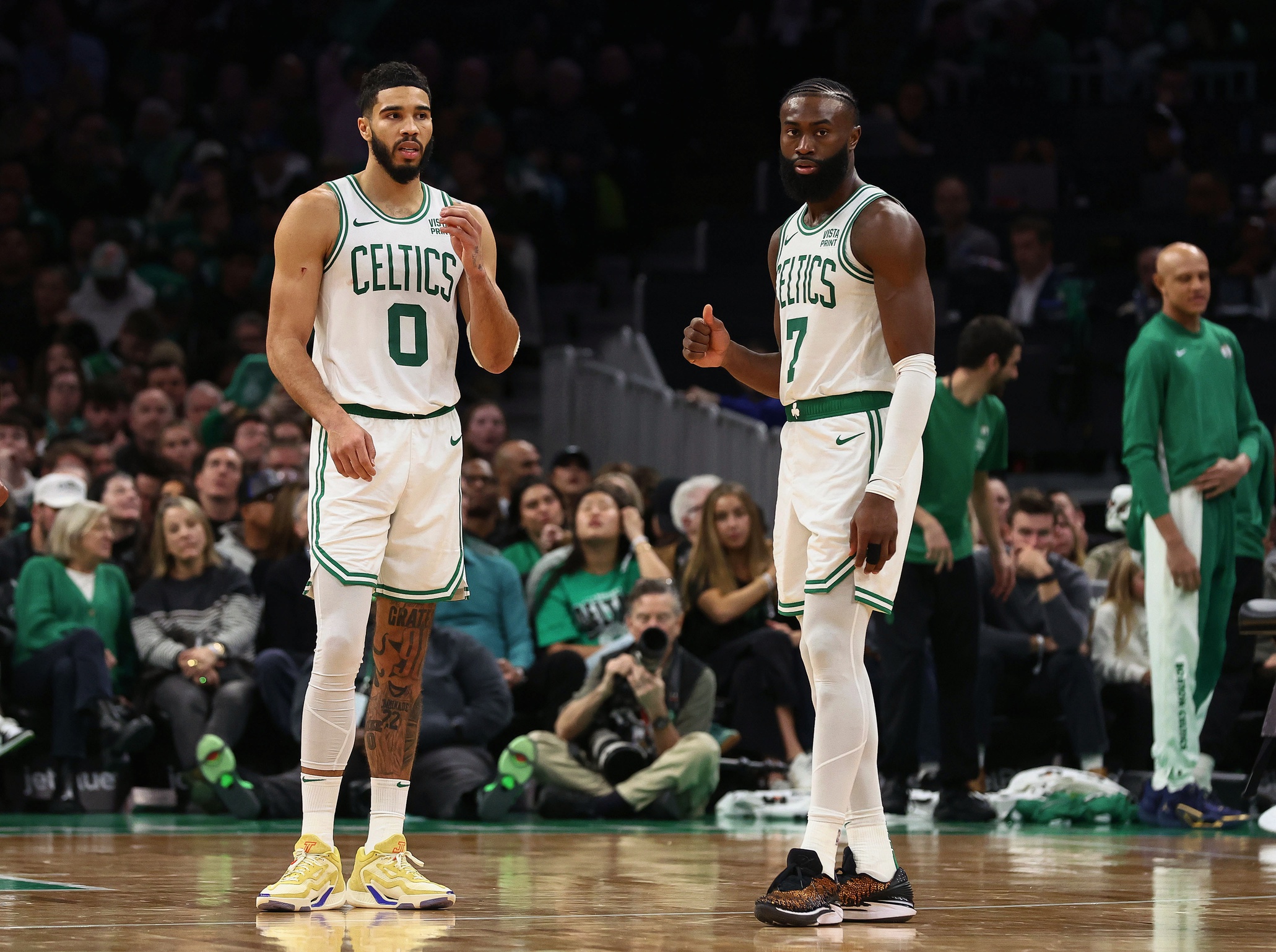 Boston Celtics forward Jayson Tatum (0) and guard Jaylen Brown (7) during the second half against the Atlanta Hawks at TD Garden.