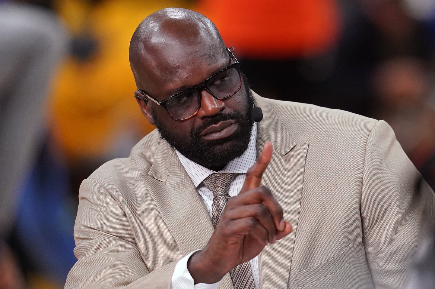 Jun 5, 2022; San Francisco, California, USA; NBA analyst and former player Shaquille O'Neal speaks before the game between the Golden State Warriors and the Boston Celtics during game two of the 2022 NBA Finals at Chase Center. Mandatory Credit: Cary Edmondson-USA TODAY Sports
